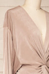 Xurne Champagne Long Sleeve Shimmery Romper | La petite garçonne  side close-up