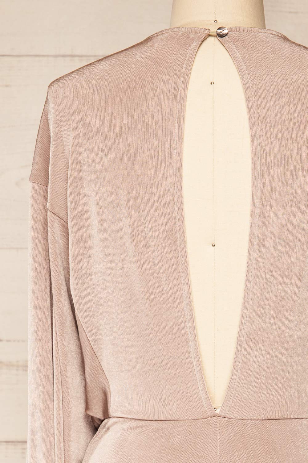 Xurne Champagne Long Sleeve Shimmery Romper | La petite garçonne back close-up