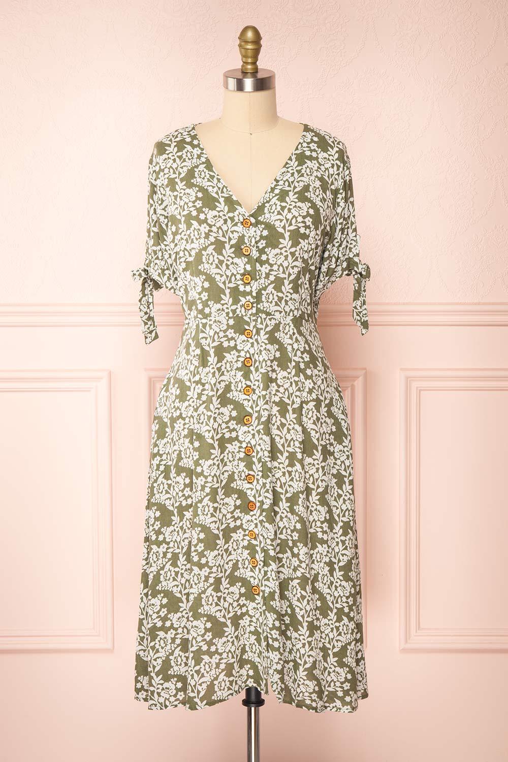 Yavanna Green Short Sleeve Buttoned Floral Midi Dress | Boutique 1861 front view 