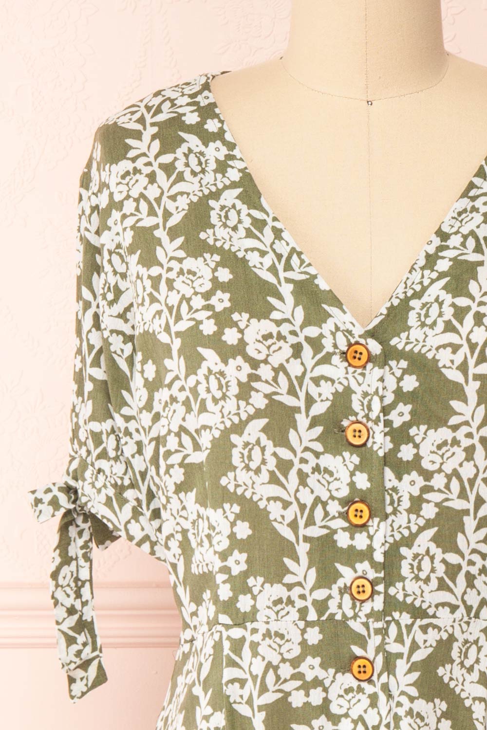 Yavanna Green Short Sleeve Buttoned Floral Midi Dress | Boutique 1861 front close-up