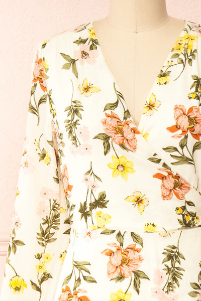 Ylena Floral Maxi Wrap Dress w/ Ruffles | Boutique 1861 front close-up
