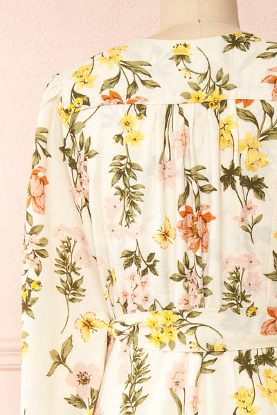 Ylena Floral Maxi Wrap Dress w/ Ruffles | Boutique 1861 back close-up
