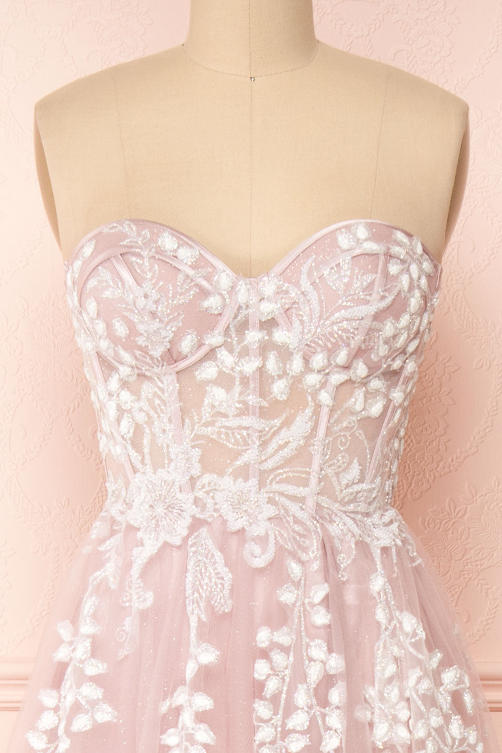 Ylouis Lilac Embroidered Bustier Maxi Dress | Boudoir 1861 front close-up