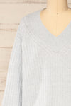 Yolande Blue V-Neck Ribbed Sweater | La petite garçonne  front close-up