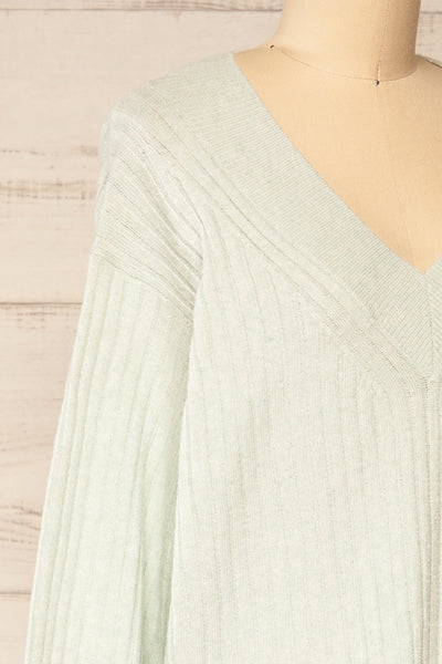 Yolande Mint V-Neck Ribbed Sweater | La petite garçonne side close-up