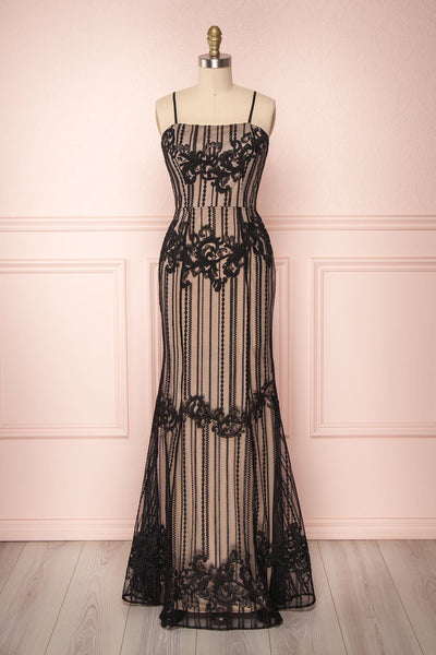 Yolina Dark Black Embroidered Mesh Mermaid Gown | Boutique 1861