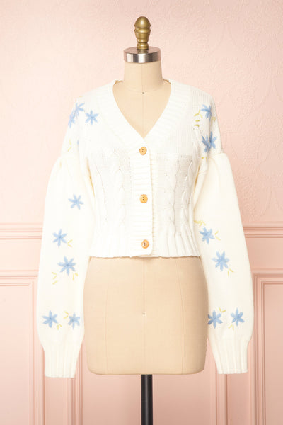 Yoora White Floral Embroidered Cropped Cardigan | Boutique 1861 front view