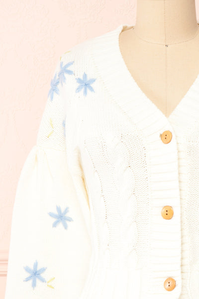 Yoora White Floral Embroidered Cropped Cardigan | Boutique 1861 front close-up