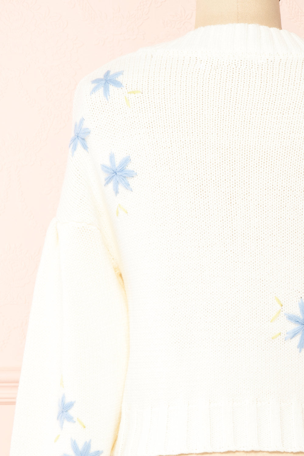 Yoora White Floral Embroidered Cropped Cardigan | Boutique 1861 back close-up