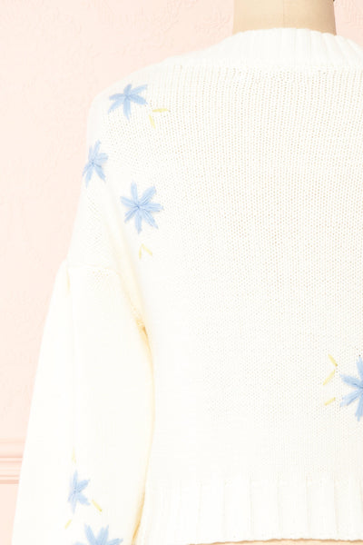 Yoora White Floral Embroidered Cropped Cardigan | Boutique 1861 back close-up
