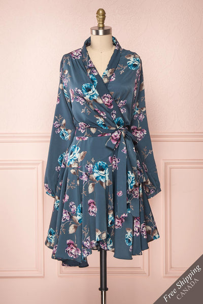 Yoshiro Blue & Purple Floral Wrap Dress | Boutique 1861