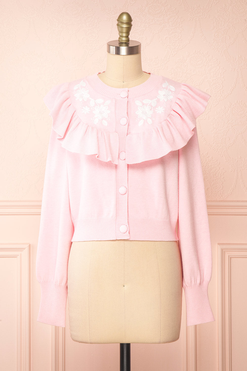 Youjeen Pink Knit Cardigan w/ Ruffles | Boutique 1861 front view 