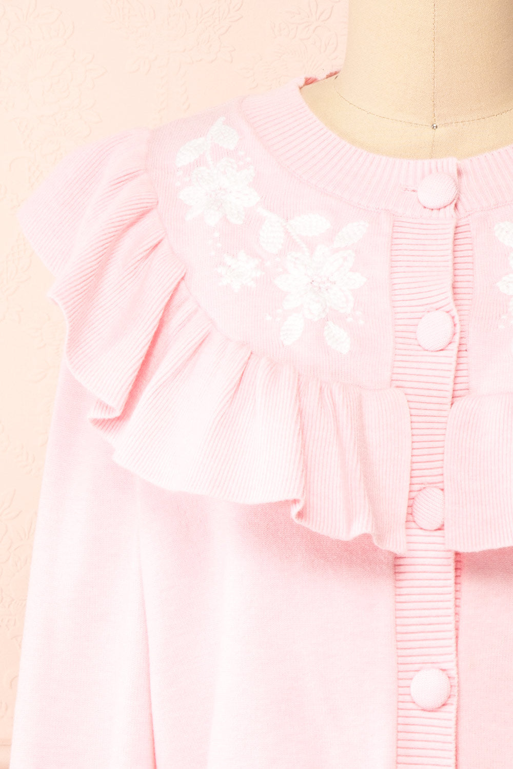Youjeen Pink Knit Cardigan w/ Ruffles | Boutique 1861  front close-up