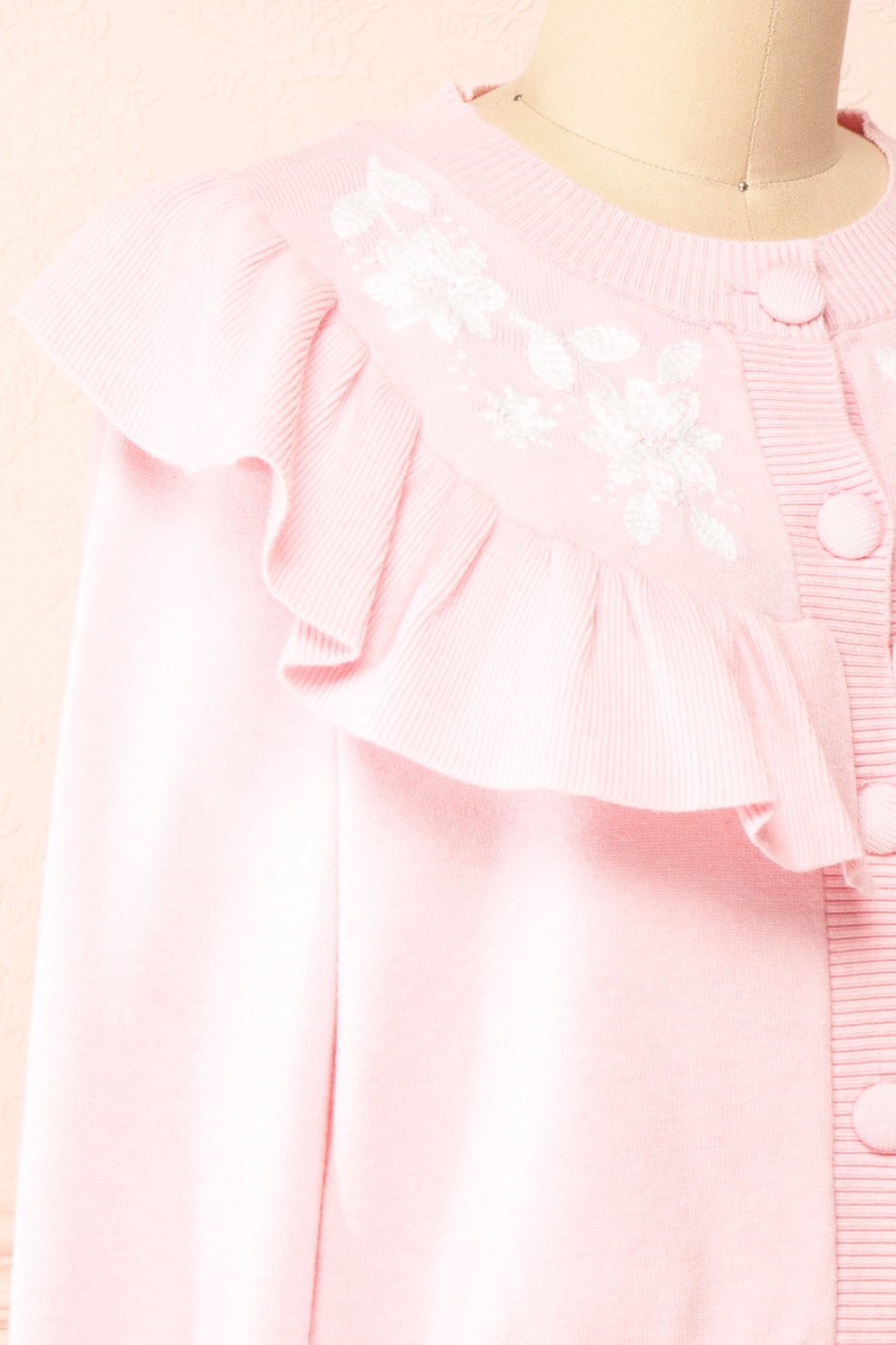 Youjeen Pink Knit Cardigan w/ Ruffles | Boutique 1861 side close-up