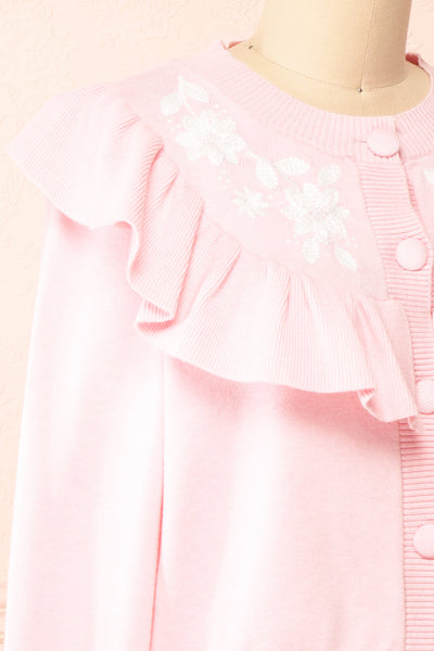 Youjeen Pink Knit Cardigan w/ Ruffles | Boutique 1861 side close-up