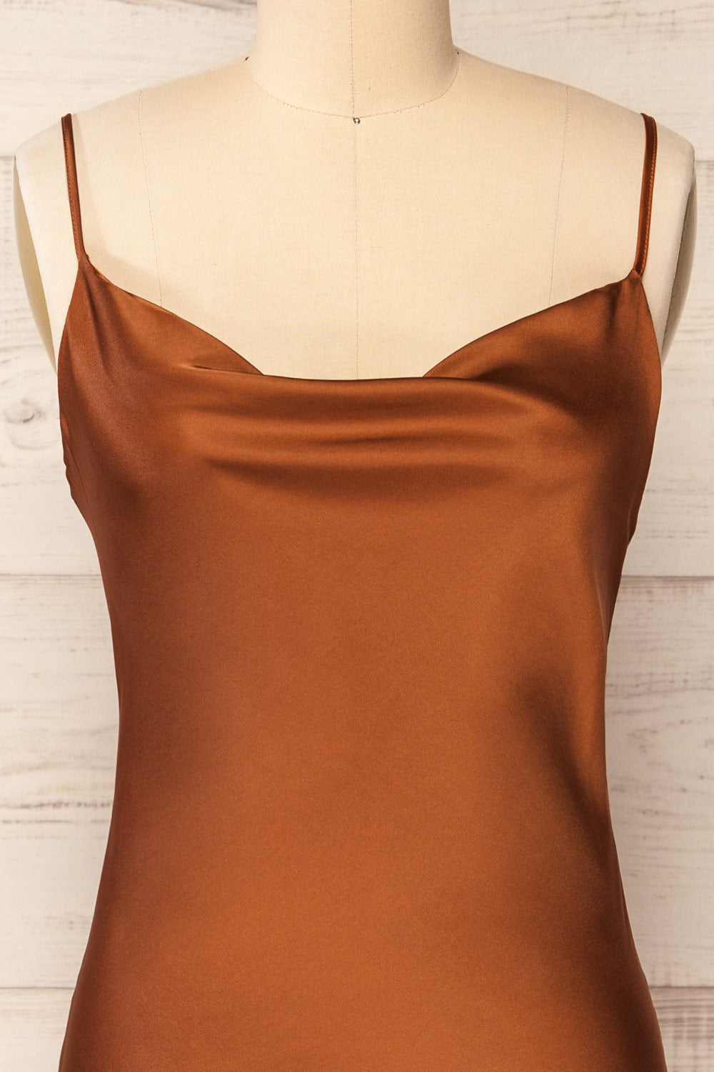 Youni Short Brown Satin Slip Dress | La petite garçonne front close-up