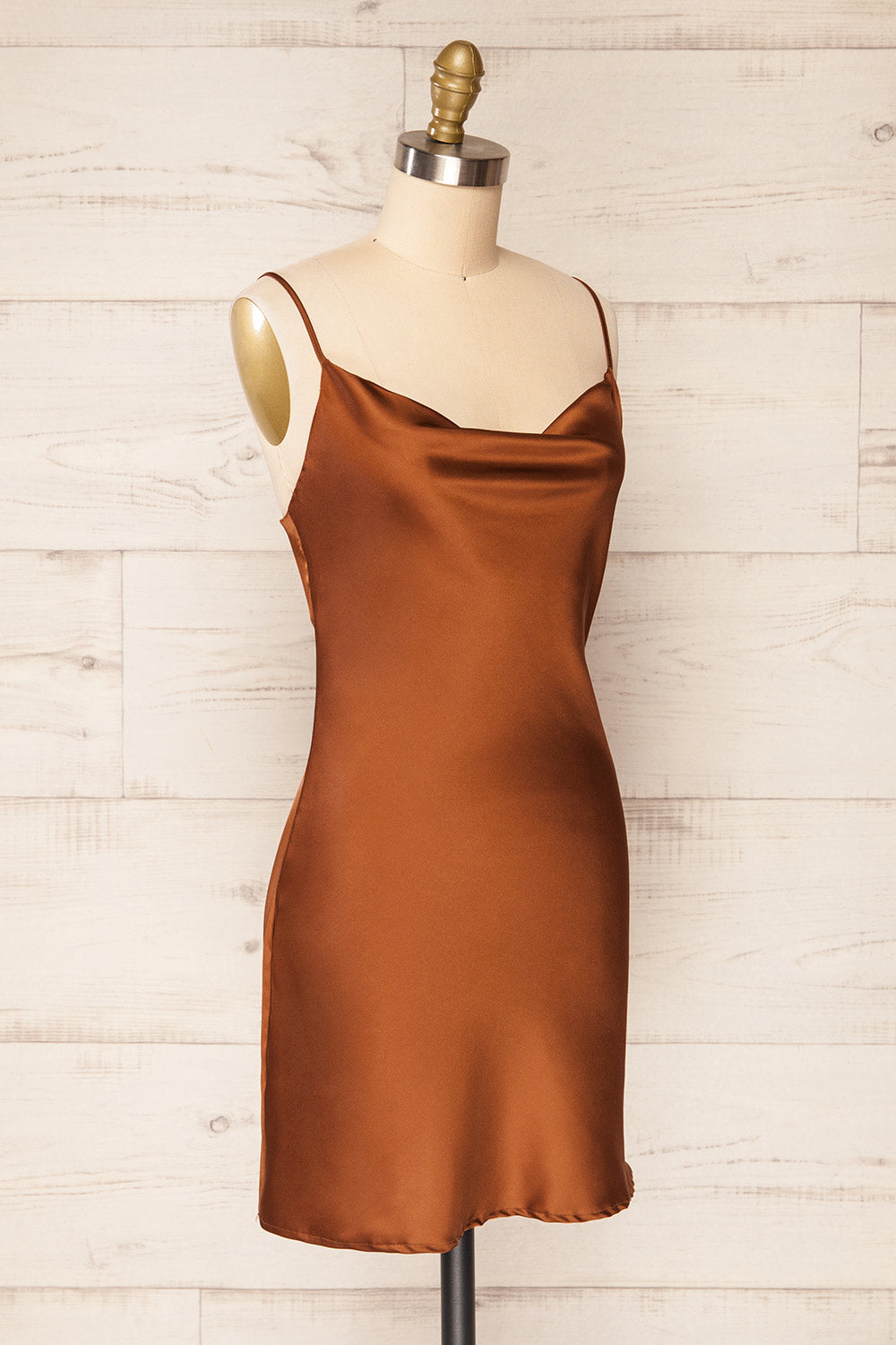 Youni Short Brown Satin Slip Dress | La petite garçonne  side view