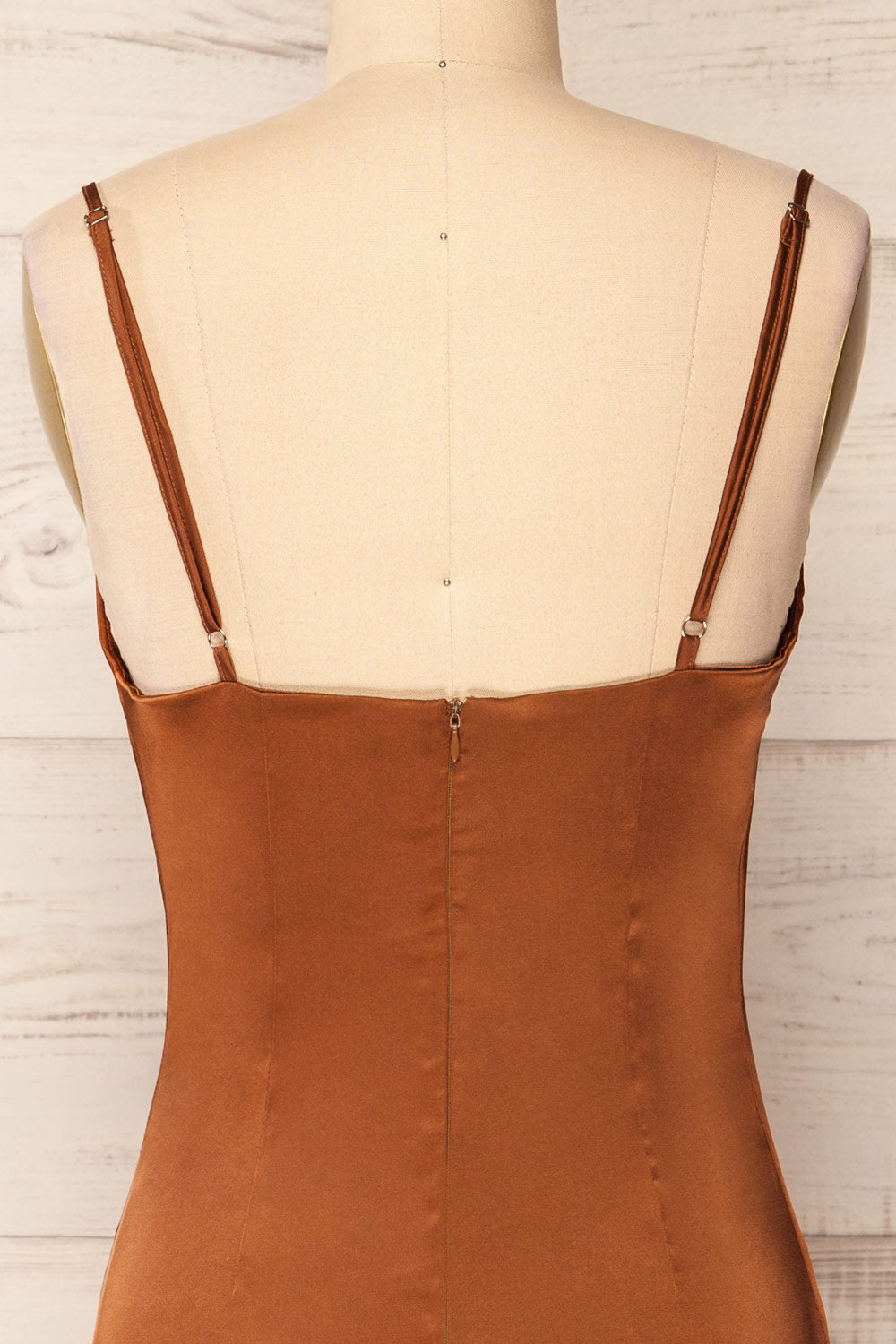 Youni Short Brown Satin Slip Dress | La petite garçonne  back close-up