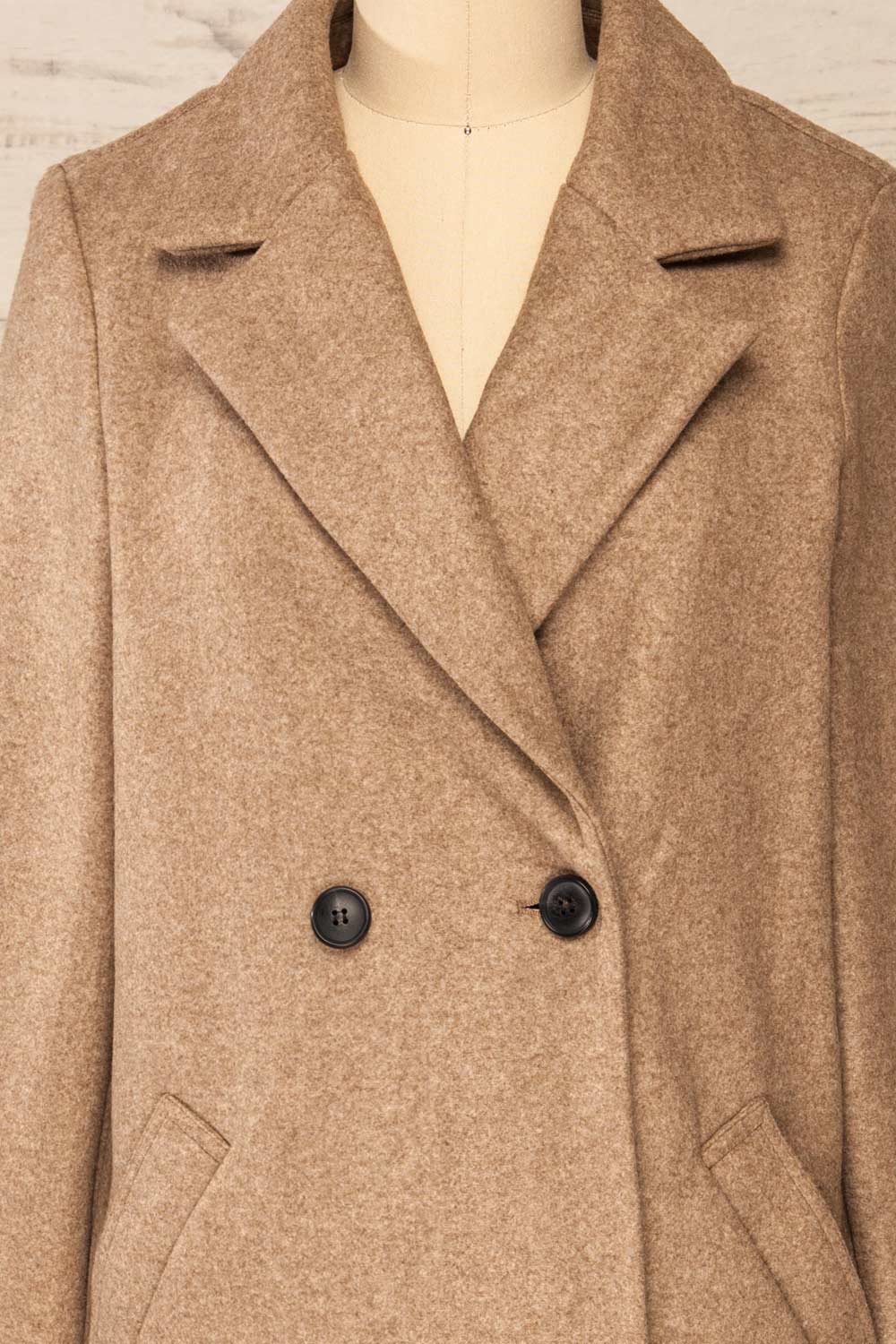 Youri Beige Buttoned Trench Coat w/ Pockets | La petite garçonne  front close-up