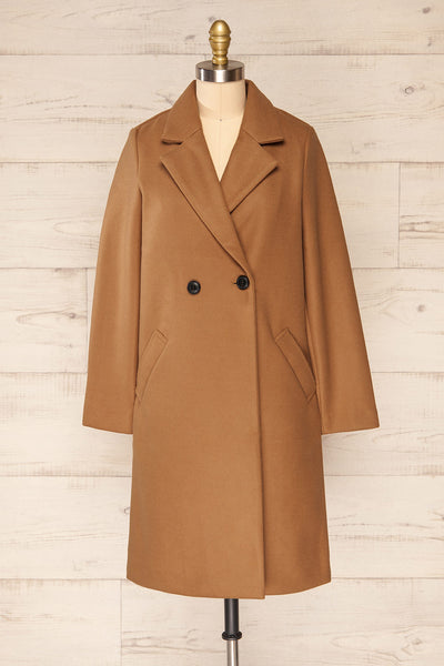 Youri Brown Buttoned Trench Coat with Pockets | La petite garçonne front view