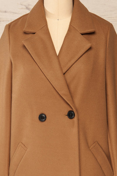 Youri Brown Buttoned Trench Coat with Pockets | La petite garçonne front close-up