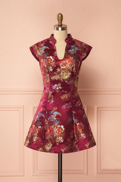 Ysaline Burgundy Floral Brocade A-Line Dress | Boutique 1861