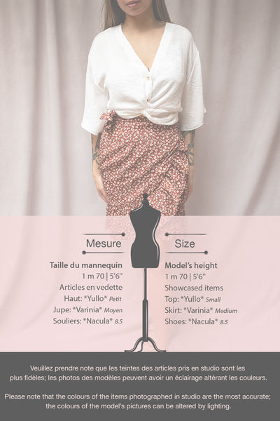 Varinia Brown Patterned Ruffle Short Wrap Skirt | Boutique 1861 model infos
