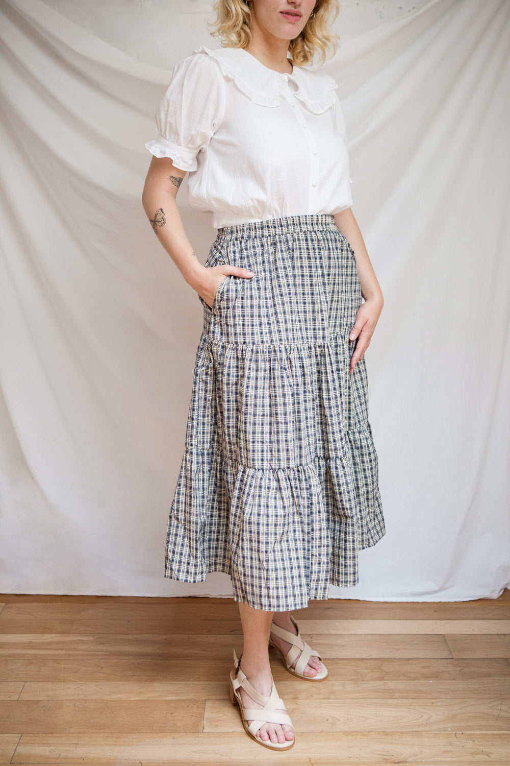 Karole Tiered Plaid Midi Skirt w/ Elastic Waist | Boutique 1861 model