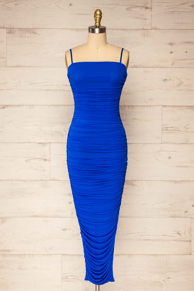 Yurtof Blue Fitted Ruched Midi Dress | La petite garçonne front view