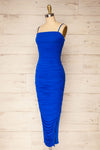 Yurtof Blue Fitted Ruched Midi Dress | La petite garçonne side view