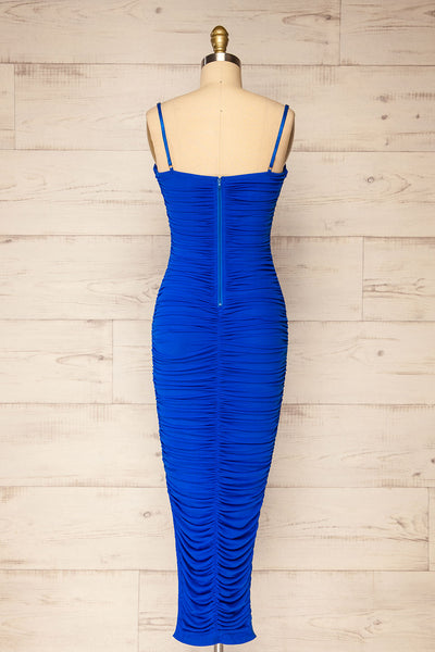 Yurtof Blue Fitted Ruched Midi Dress | La petite garçonne back view