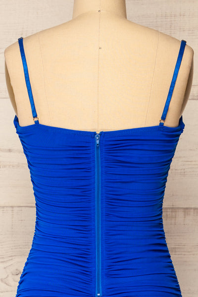 Yurtof Blue Fitted Ruched Midi Dress | La petite garçonne back close-up