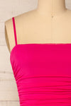 Yurtof Fuchsia Fitted Ruched Midi Dress | La petite garçonne front close-up