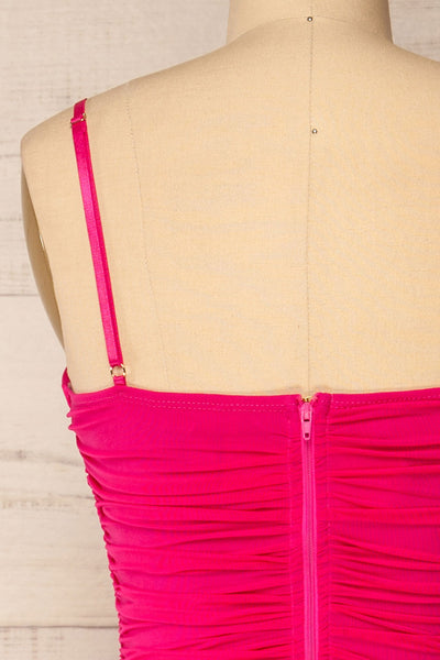 Yurtof Fuchsia Fitted Ruched Midi Dress | La petite garçonne back close-up