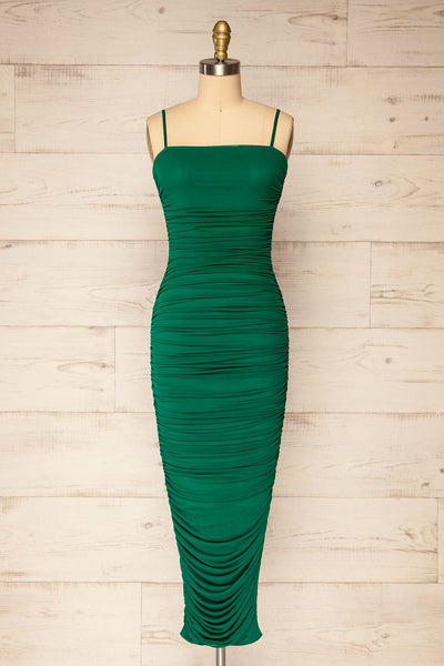 Yurtof Green Fitted Ruched Midi Dress | La petite garçonne front view
