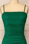 Yurtof Green Fitted Ruched Midi Dress | La petite garçonne front close-up