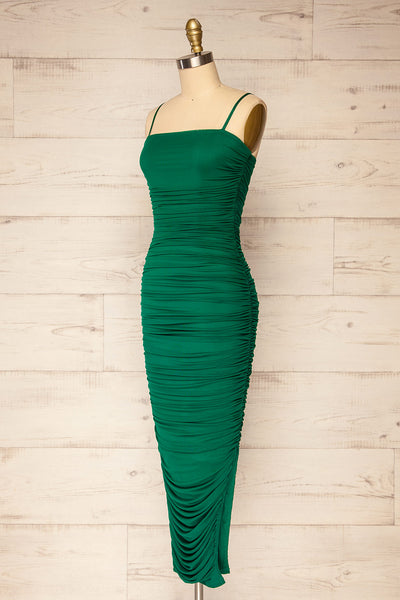 Yurtof Green Fitted Ruched Midi Dress | La petite garçonne side view