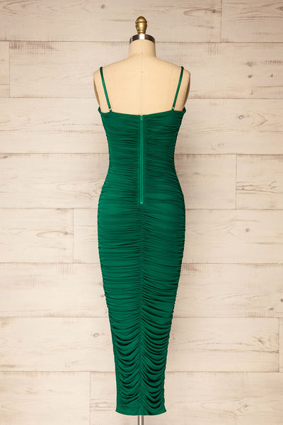 Yurtof Green Fitted Ruched Midi Dress | La petite garçonne back view