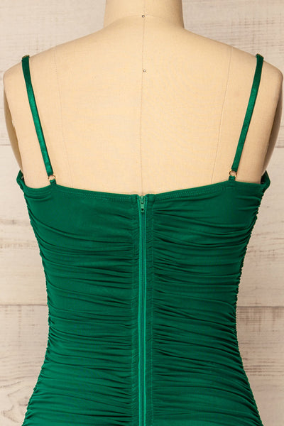 Yurtof Green Fitted Ruched Midi Dress | La petite garçonne back close-up