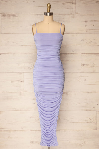 Yurtof Lavender Fitted Ruched Midi Dress | La petite garçonne front view