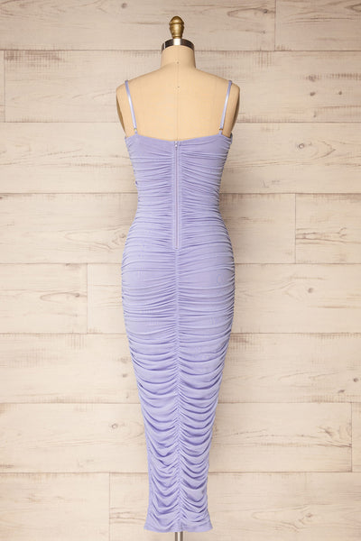 Yurtof Lavender Fitted Ruched Midi Dress | La petite garçonne back view