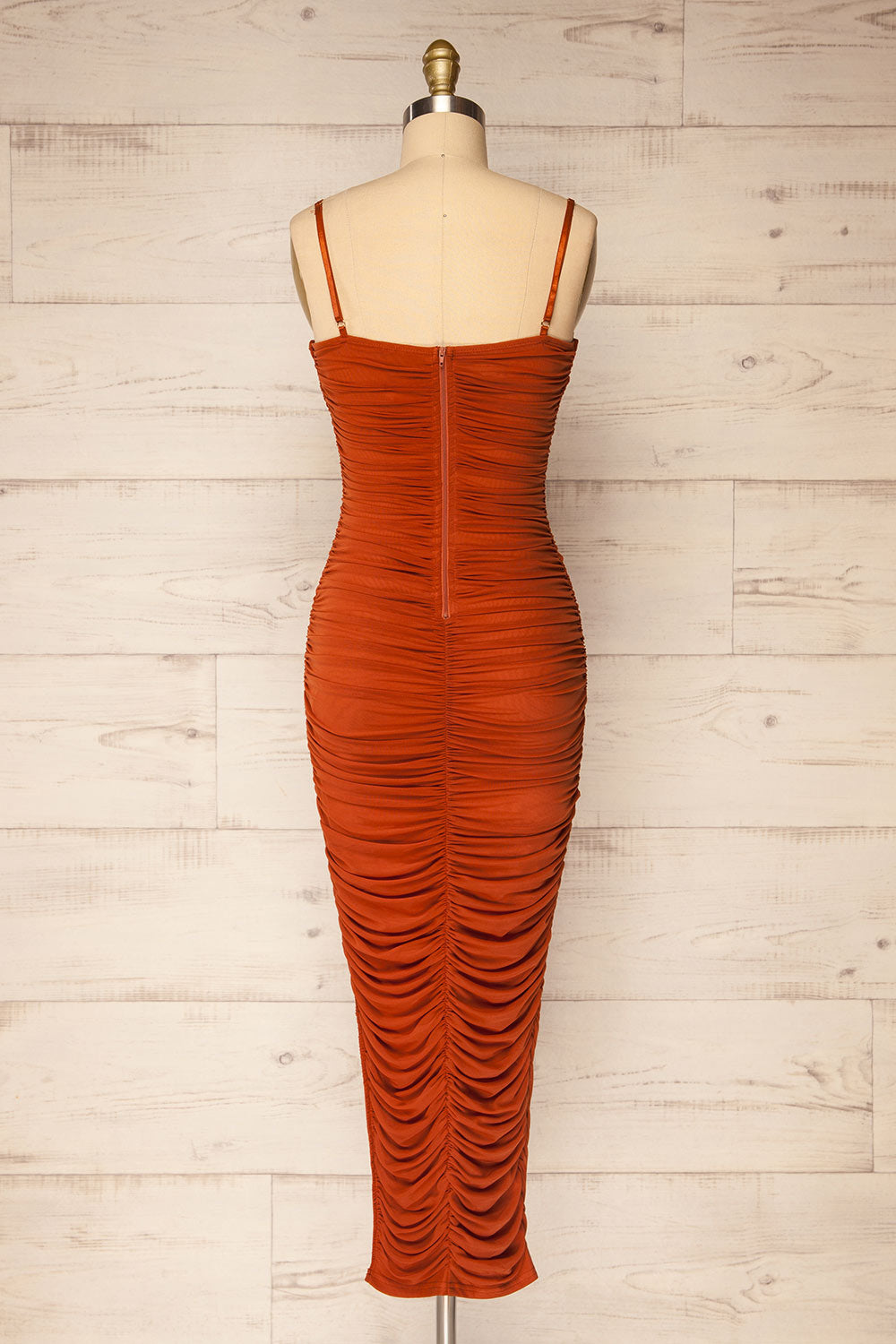 Yurtof Rust Fitted Ruched Midi Dress | La petite garçonne back view 