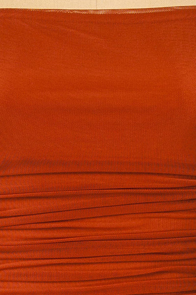 Yurtof Rust Fitted Ruched Midi Dress | La petite garçonne fabric
