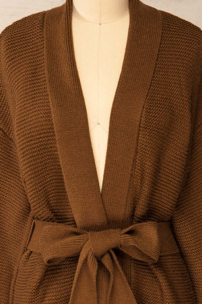 Yvelain Brown Long Knit Cardigan w/ Belt | La petite garçonne front close-up