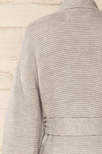 Yvelain Grey Long Knit Cardigan w/ Belt | La petite garçonne back close-up