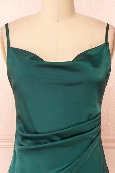 Zaina Green Cowl Neck Satin Slip Dress | Boutique 1861  front close-up