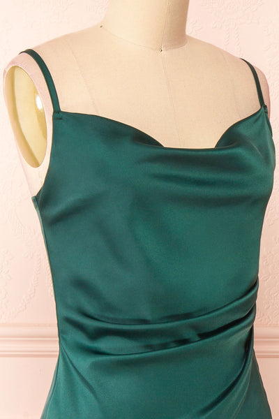 Zaina Green Cowl Neck Satin Slip Dress | Boutique 1861 side close-up