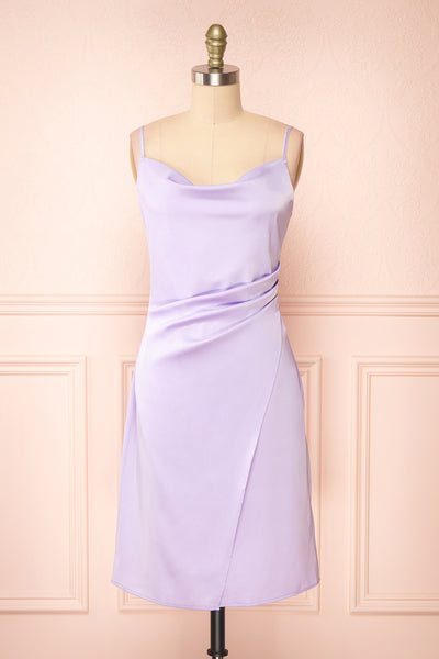 Zaina Lilac Cowl Neck Satin Slip Dress | Boutique 1861  front view