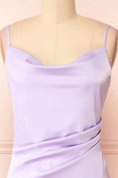 Zaina Lilac Cowl Neck Satin Slip Dress | Boutique 1861  front close-up