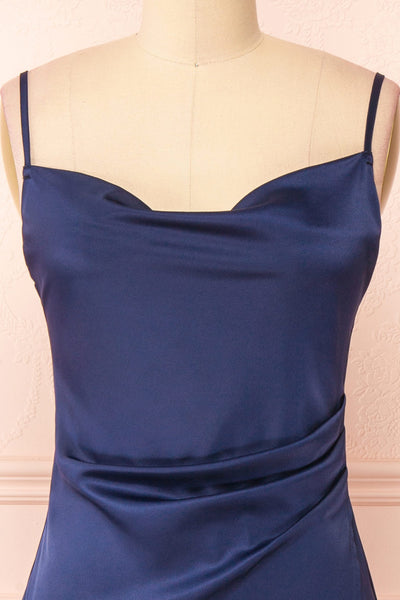 Zaina Navy Cowl Neck Satin Slip Dress | Boutique 1861 front close-up